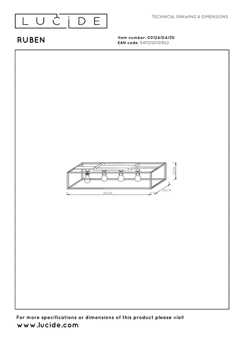 Lucide RUBEN - Plafonnière - 4xE27 - Zwart - technisch